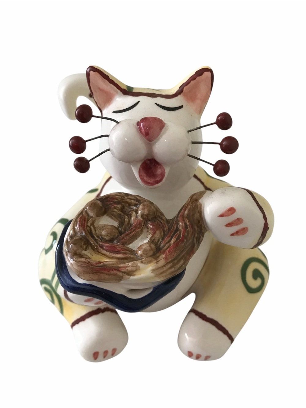 Ceramic White Cat Figurine with Brown Bowl - Decorative Pet Accent. Amy Lacombe
